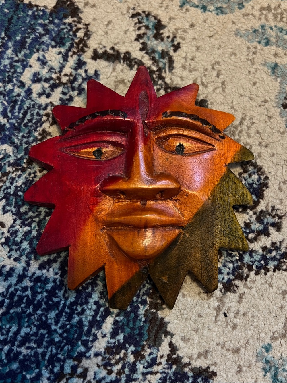 Hand-Carved Sun Face Wall Decor in Red, Orange & Black